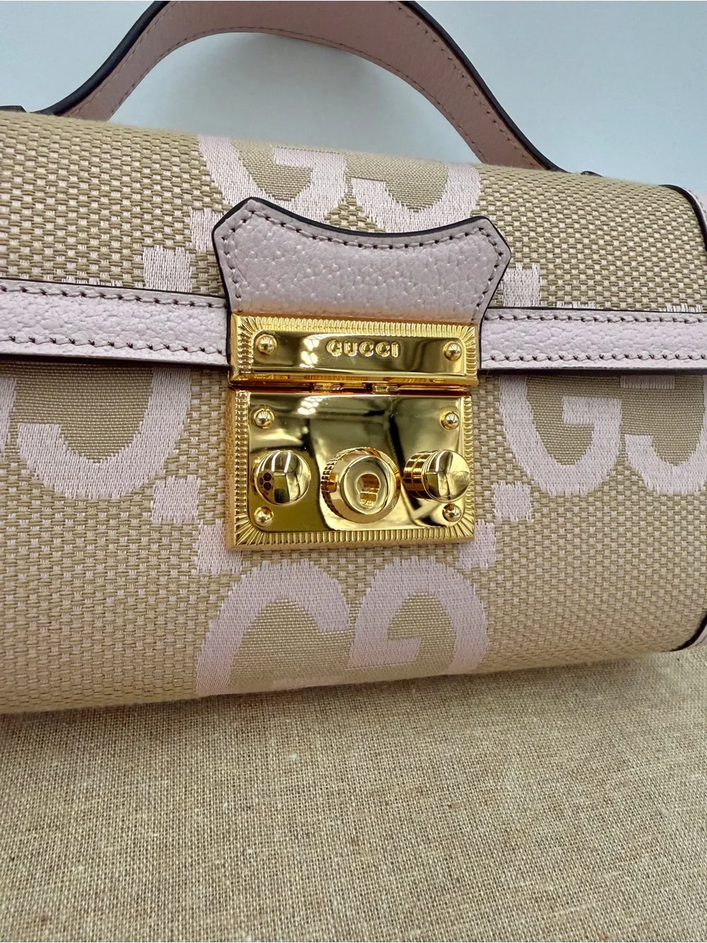 Gucci Padlock Jumbo GG Mini Calfskin Top Handle Shoulder Bag Perfect Pink /Beige